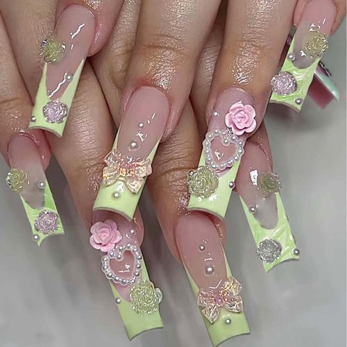 Green Press on Nails Long Square Fake Nails French Tip Glue on Nails Pink Flower False Nails with Bow Pearl Heart Design Full Cover Acrylic Nails Summer Artificial Stick on Nails for Women 24Pcs