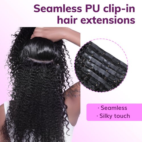 IDN BEAUTY Seamless Clip In Hair Extensions Human Hair, Kinky Curly 14 Inch 110g 7pcs Natural Black Seamless Curly Clip Ins Remy Human Hair Seamless Clip Ins For Black Women PU Weft Invisible Edge