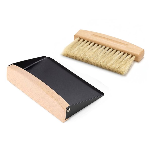 OAKART Mini Metal Dustpan and Brush Set for Sweeping Crumbs Fireplace, Natural Table Sweeper Combo (Black)