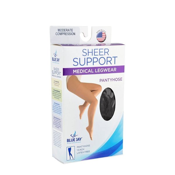Blue Jay An Elite Healthcare Brand Sheer Support Legwear - Pantyhose with Firm Compression Support - Graduated Support Hose for Unisex - Light Weight, Black, Tall Closed Toe, 15-20 mmHg