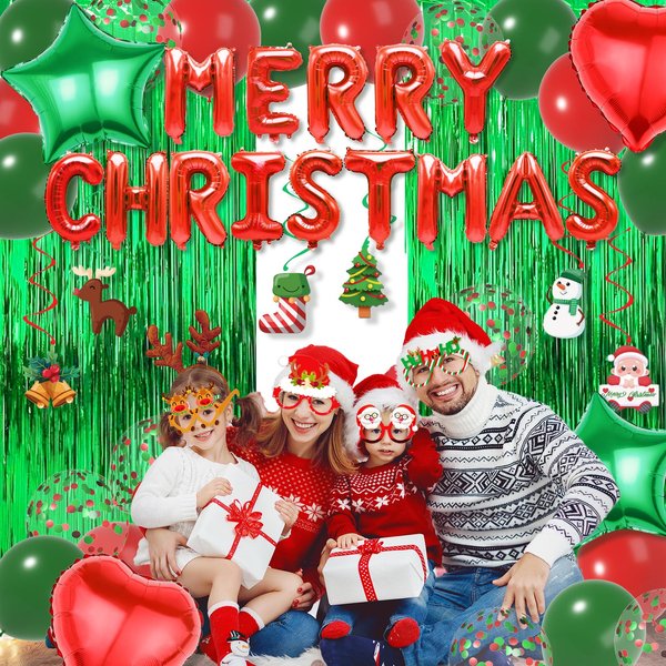 Red Green Christmas Decorations with Green Fringe Curtains, Heart Stars Confetti Balloon, Merry Christmas Foil Balloons, Christmas Glasses Frames and Hanging Swirls for Xmas Party Supplies