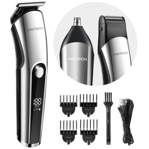 PRITECH Beard Trimmer for Men, 3 in 1 Hair Trimmer for Men Kit, Nose Ear Trimmer, Micro Shaver, Mens Grooming Set Cordless with LED Display IPX6 Waterproof (Silver)