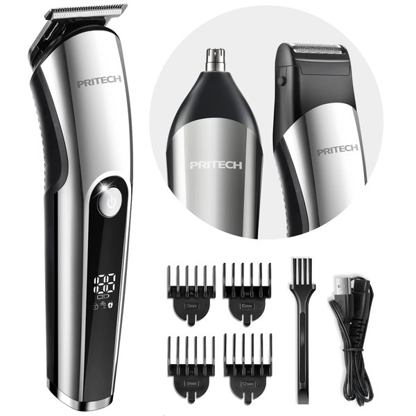 PRITECH Beard Trimmer for Men, 3 in 1 Hair Trimmer for Men Kit, Nose Ear Trimmer, Micro Shaver, Mens Grooming Set Cordless with LED Display IPX6 Waterproof (Silver)