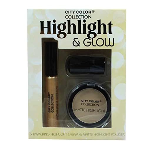 City Color Highlight & Glow Shimmering Cream Matte Powder w/ Face Brush Set