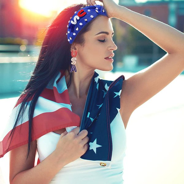 CEALXHENY 4th of July Headbands for Women, 4th of July Accessories, American Flag Patriotic Headbands, Rhinestone Pearl Knotted Headbands Beads Embellished Jeweled Headbands Holiday Gifts (USA-Blue)