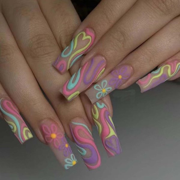 DANMANR Pink Long Fake Nails Flower Square False Nails Art Full Cover Acrylic Matte Rhinestones Fake Nails for Women and Girls 24PCS