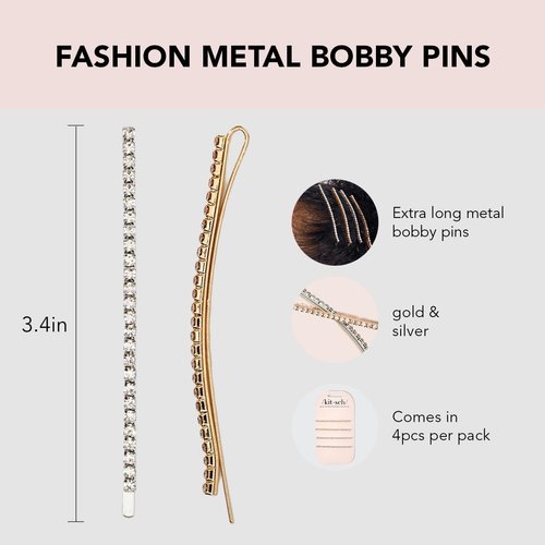 Kitsch Rhinestone Bobby Pins 4 Pieces, Extra Long Barrettes Hair Pins for Women, Fancy Elegant Diamond Crystal Hairpins, Wedding Hair Accessories, Rhinestone Hair Clips Gifts for Women, Gold & Silver