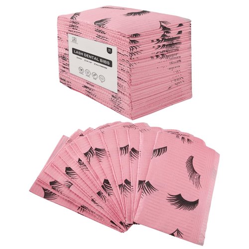 PRASNE Lashing Dental Bibs Disposable Pack of 50, Lash Pillow Cover of Lash Supplies, Pink 3-Ply Paper Poly Waterproof Towels, 13” x 18”, Black Eyelash Printed