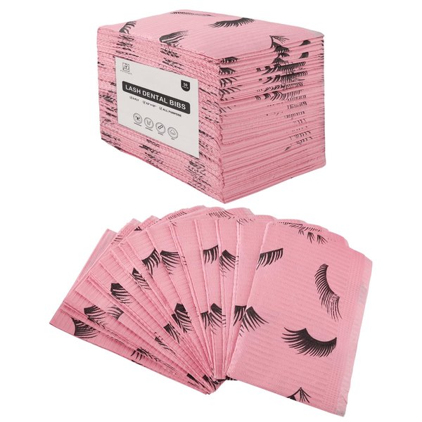 PRASNE Lashing Dental Bibs Disposable Pack of 50, Lash Pillow Cover of Lash Supplies, Pink 3-Ply Paper Poly Waterproof Towels, 13” x 18”, Black Eyelash Printed