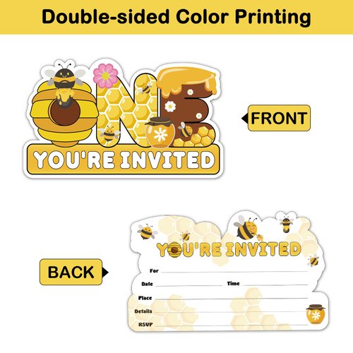 REWIDPARTY Bee 1st Birthday Party Invitations with Envelopes & Stickers（Set of 15） Bee Theme Shaped Fill-in Invitations One Year Old Invites Cards Bee Birthday Baby Shower Party Supplies for Kids
