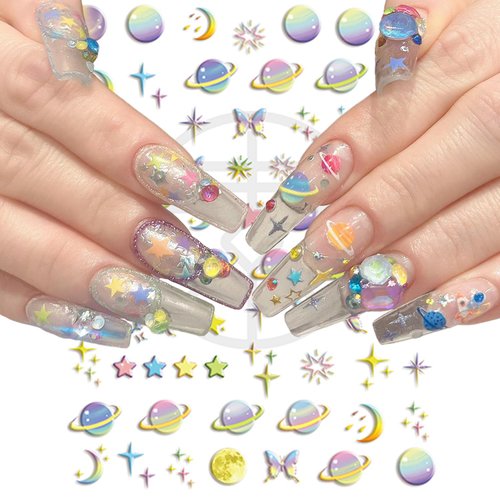 5D Engraved Galaxy Stickers for Nails Gradient Colorful Space Planet Butterfly Design Decals Macarone Charm Moon Star Nail Art Stickers Decals Self-Adhesive Relief Aster Nail Decorations Accessories
