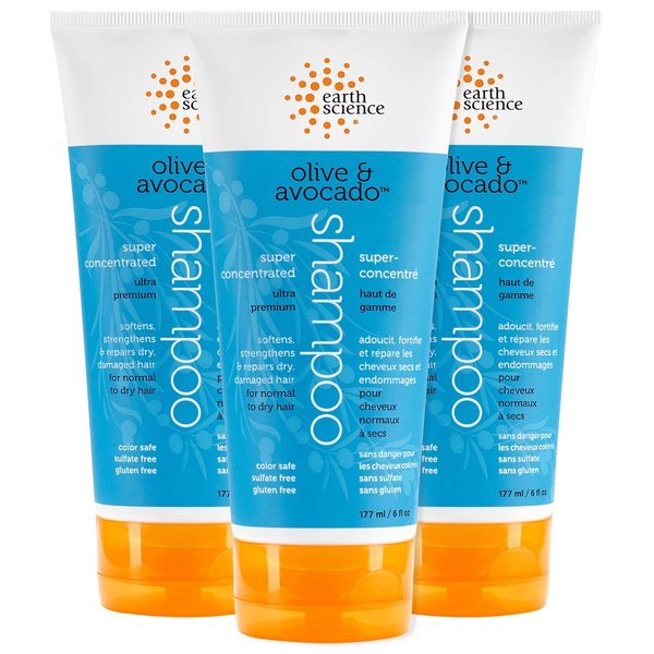 EARTH SCIENCE - Olive & Avocado Oil Shampoo: Super Concentrated for Normal to Dry Hair (3pk, 6 oz.)