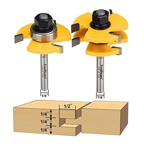 FivePears 2 Pieces of Tongue and Groove Router Bits Set with 1/4" Shank,3 Teeth T Shape Wood Milling Cutter Woodworking Tool