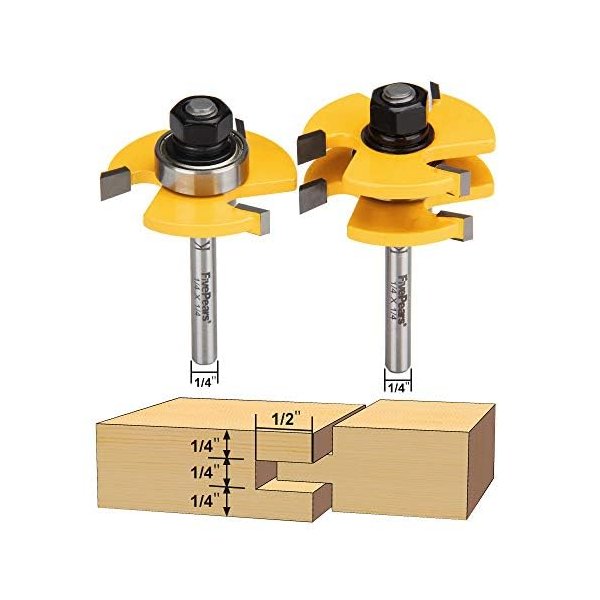 FivePears 2 Pieces of Tongue and Groove Router Bits Set with 1/4" Shank,3 Teeth T Shape Wood Milling Cutter Woodworking Tool