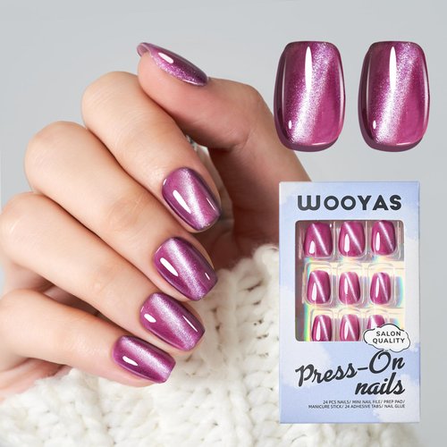 Cat Eye Press on Nails Handmade Fake Nail Kit Purple Glitter Press on Nails Short Square Reusable Glue 12 Sizes 24PCS False Nail Set for Women