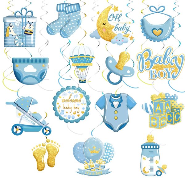 36pcs Blue Baby Shower Party Hanging Swirls Decor, It's A Boy Themes Party Supplies Boy Ceiling Hanging Streamers for Kids Gender Reveal Baby Shower Birthday Party Decorations