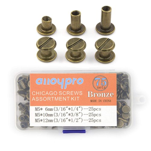 75 Sets Chicago Screws Assorted Kit 3 Sizes Bronze Leather Rivets 1/4 3/8 1/2 Screw Rivets Flat Fillister Book Binding Posts Nail Rivet Chicago Bolts for DIY Leather Craft Bookbinding (5 x 6,10,12)
