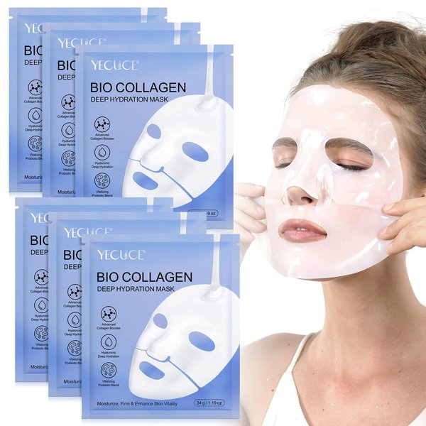 HUYEHF Collagen Face Mask, Hydrating Overnight Hydrogel Mask, Pore Minimizing, Elasticity Improvement, Firming, Moisturizing Bio Collagen Facial Mask- 6 Pack