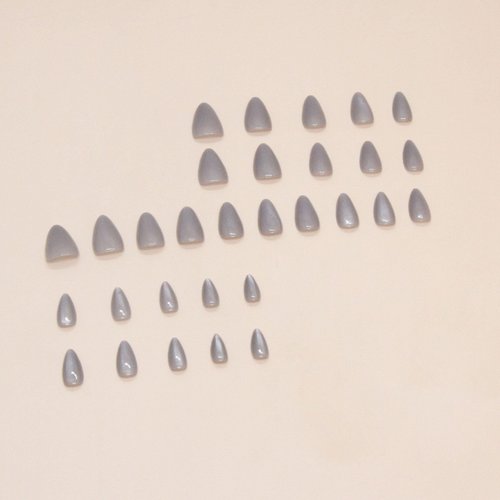 Almond Press on Nails Short Fake Nails Almond False Nails with Shiny Designs Solid Color Designs Glue on Nails Pure Grey Stick on Nails Full Cover Light Gray Acrylic Nails Glossy Cute Artificial Nails