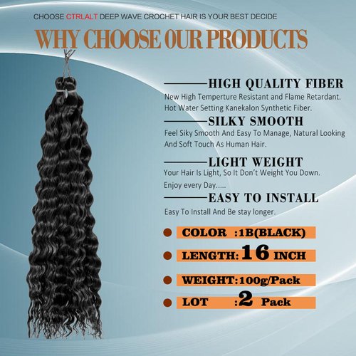 Deep Wave Crochet Hair For Black Women Curly Braiding Hair 16 Inch 2 Packs Ocean Wave Braiding Hair Extensions Soft Crul Crochet Hair For Boho Braids(16inch, 2pack, black)…