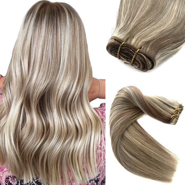 Sew in Hair Extensions Real Human Hair, 16 Inch 100G Weft Hair Extensions Human Hair, Ash Brown and Blonde Balayage Ash Blonde Highlights Hand Tied Weft Hair Extensions Human Hair Weave Bundles