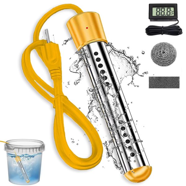 Lakkzoom Portable Immersion Water Heater,Electric Pool Water Heater for Above Ground Pool Bathtub,Anti-scalding Bucket Heater Camping Water Heater Heat 5 Gallons of Water in Minutes(Yellow), 1500W