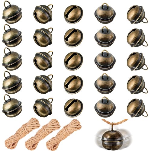 100 Pieces Christmas Bells 22mm Vintage Craft Bells Decorative Brass Bells Hanging Bronze Bell Ornaments 3 Piece Flax Rope for Wind Chimes Pet Dog Cat Pendants Christmas Tree Craft Decoration