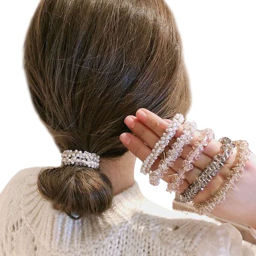 2 Pack Sparkly Crystal Elastic Hair Ties Hair Rubber Bands No Damage Traceless Hair Ring Rope No Crease Twist Ponytail Holders Stretchy Hair Set Styling Accessories for Girls (White Pearl)