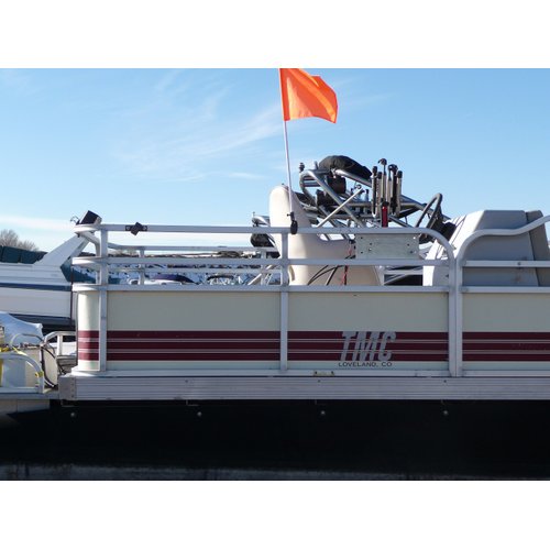 Pontoon Boat Flag Holder. Orange safety flag included. Tired of Holding the Skier Down Flag? Just clamp the Flag Buddy to your Boat and rotate it up when required. Rubbber clamping pads.