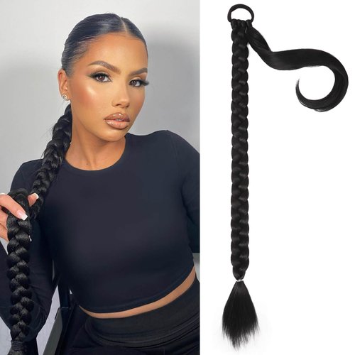 CHARSUN 26 inch Long Braided Ponytail Extensions for Women, Straight Wrap Around Hair Extensions With Hair Tie, Natural Soft DIY Synthetic Ponytail Hair Extensions Daily Wear (Natural Black)