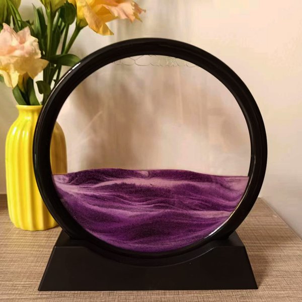 Yinhamnl Sand Art Liquid Motion, 3D Hourglass Deep Sea Sandscape, Moving Sand Art Picture Round Glass Display Flowing Sand Frame, 3D Colored Quicksand Decor Relaxing Desktop Home Office (Purple)
