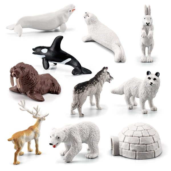 Arctic Animals Figurines Sets, 10pcs Mini Arctic Animals Toy, Realistic Polar Animals Figurines, Plastic Tundra Deer Bear Fox Toy, Arctic Animal Cake Topper Decor for Kids Birthday Baby Shower Party