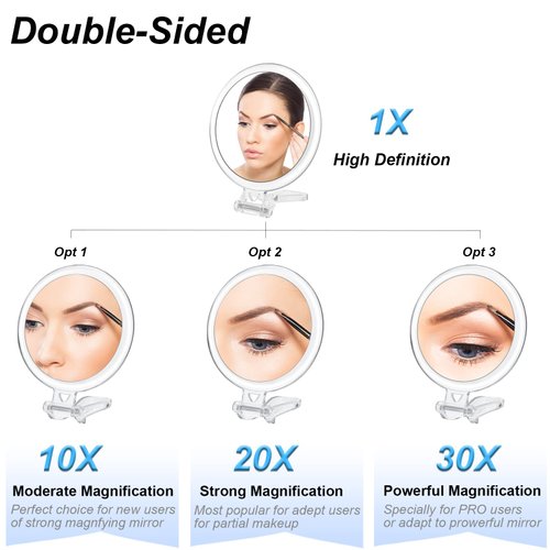 AMISCE 30x Magnifying Handheld Mirror, 2-Sided with Adjustable Stand, Portable, Acrylic Frame, 5'' Diameter, Perfect for Makeup, Shaving, Deep Cleaning