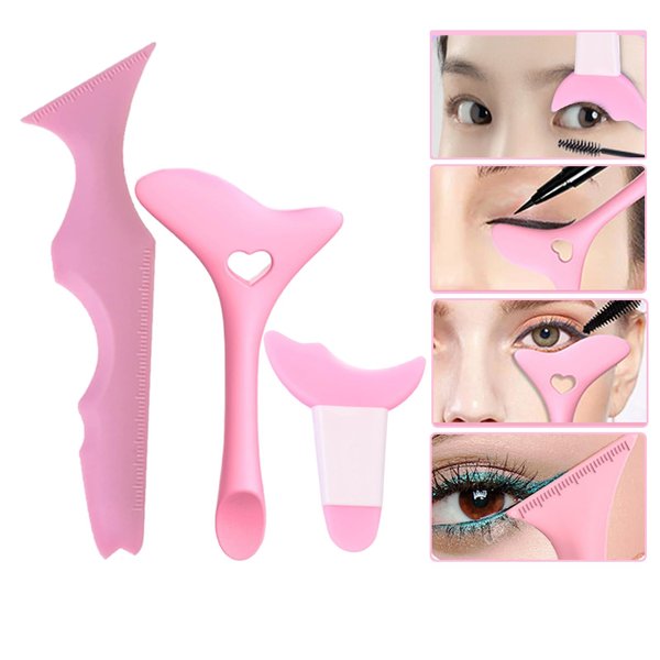 FMOYSIEN 3PCS Eyeliner Stencils Mascara Shield Silicone Eyeliner Applicator Tool Multifunctional Makeup Tool Eyeshadow Lipstick Mascara Eyeliner Guide Wing Eyeliner Tool for Beginners(Pink)