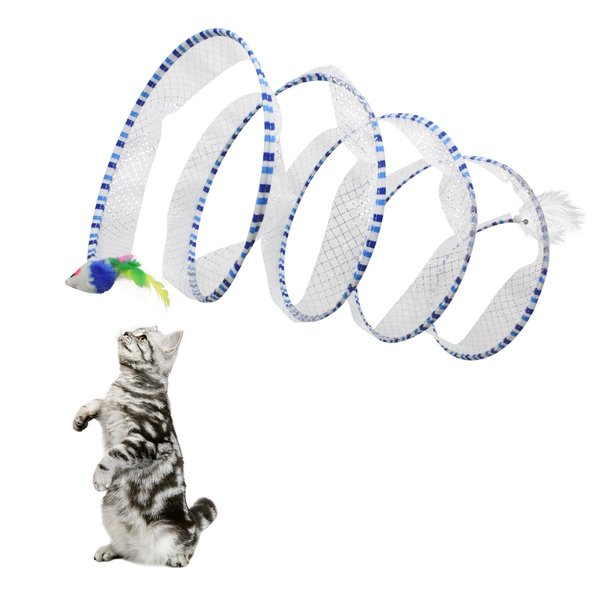 Andiker Cat Tunnel Toy, 10 inch Collapsible Metal Cat Spring Toy with Nylon Mesh, Feather, Mouse, and Bell, Interactive Cat Toys for Indoor Cats to Scratch, Puzzle, Relax and Kill Time (Blue)