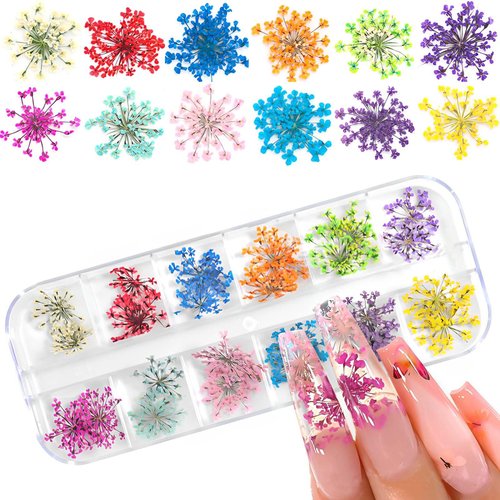Twpribarn 36pcs Dried Flowers for Nail Art, 12 Colors Dried Flowers for Nails Design Real Natural 3D Nail Art Design Decoration Supplies Fall Nails Supply Floral Stickers and Decals for Women Girls