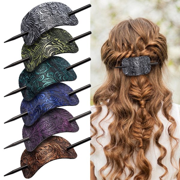 Noverlife 6PCS Leather Hair Barrettes with Stick, Square Shape Hair Clips Hair Slider Pins Ponytail Holders, Hair Accessories Hair Set Clips Hair Barrette with Wood Slide Stick for Women Girls