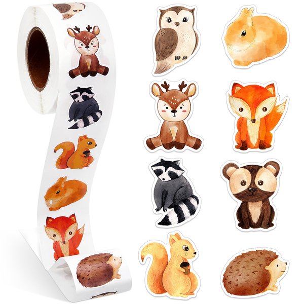 Qeeenar 1 Roll Animal Stickers Reward Stickers Cute Animal Space Stickers Office Supplies Incentives Roll Sticker Animal Party Favor Stickers, 500 Pcs Each Roll(Forest Animal)