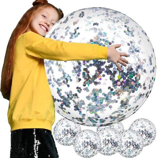 6 Pieces Inflatable Beach Ball Glitter Christmas Swimming Pool Balls 24 Inches Christmas Outdoor Decor Ball Ornaments Floatable Confetti Ball for Beach Party Xmas Party Favor (Silver)
