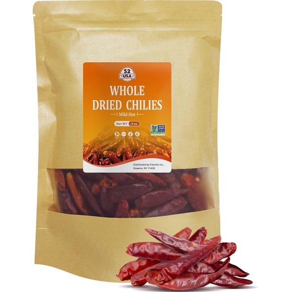 52USA Szechuan Red Dried Chilis, Whole Chili, Mild Spicy Chinese Chili 4 Oz (Mild Hot)