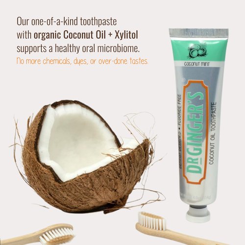 Doctor Ginger's Coconut Oil Toothpaste, All-Natural Oil Pulling & Xylitol for Fresh Breath, Gum Health, Plaque Prevention, and Sensitive Teeth, Fluoride-Free, Coconut Mint Flavor, 4oz, 1ct