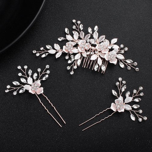 Beautiful Floral Rose Gold Wedding Hair Comb With Clear Crystal Side Bridal Comb with 2 Hair Pins, Hair Sticks