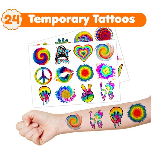 36PCS Tie Dye Party Favors 24 Tattoos Sticker 12 Stamp Set - Ideal Multicolor Themed Birthday Card Decorations Supplies Goodie Bag Cute Rewards for Girls Classroom Gifts Baby Shower Prizes