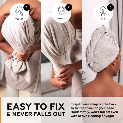 Super Absorbent Quick Dry No-Frizz Soft Microfiber Hair Towel Wrap for Curly, Coily or Tight Hair with Robust Elastic Strap for Drying and Plopping 20x40 inch, Gray