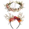 GRAFARMI 2 Pack Floral Deer Antlers Crown Headband Reindeer Antler Flower Hair Hoop Flower Hair Accessories for Brides Women Girls Valentine's Day Weddings Graduation Party Supplies