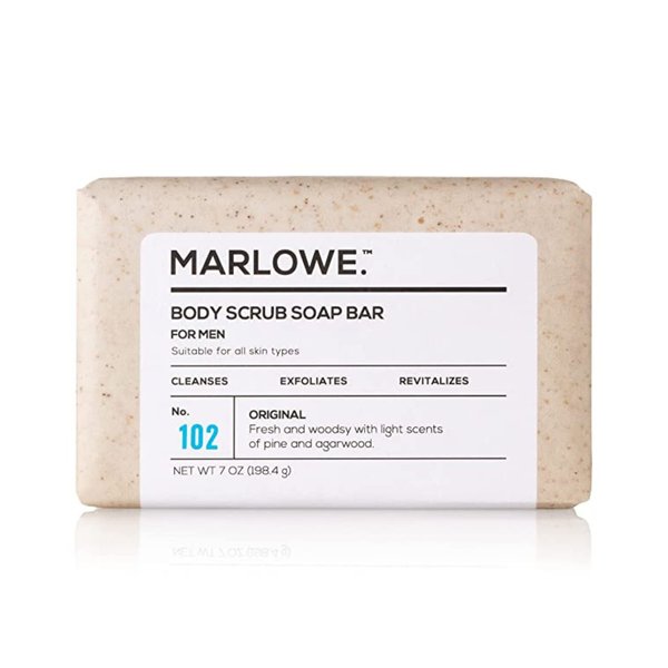 MARLOWE. No. 102 Men's Body Scrub Soap 7 oz, Fresh Original Woodsy Scent, Best Exfoliating Bar for Men, Made with Natural Ingredients, Apricot Seed Powder, Shea Butter, Olive Oil, Green Tea Extracts
