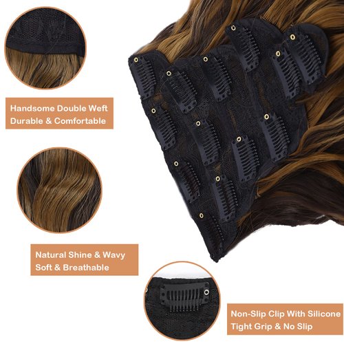 ELIO Clip in Hair Extensions, 20 Inch 6PCS Synthetic Long Thick Wavy Hair Clip Ins Extensions Double Weft Hairpieces Full Head For Women Extension 240g(8.47oz) (Balayage Dark Brown to Chestnut)