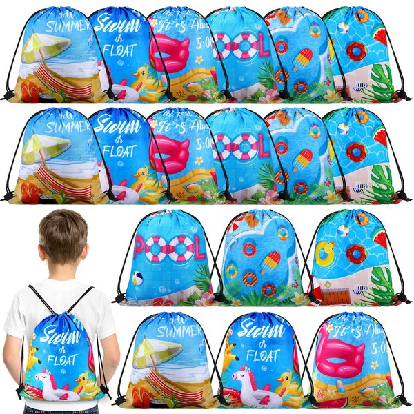 Sanwuta 18 Pcs Summer Pool Party Favor Bags Beach Goodie Gift Bags Pool Drawstring Bag Backpack for Pool Party Decor Supplies