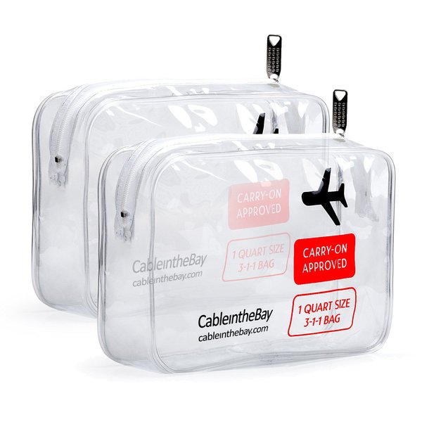 Cableinthebay TSA Approved Clear Travel Toiletry Bag-Quart Sized with Zipper-Airport Airline Compliant Bag/Bottles-Men's/Women's 3-1-1 Kit+Travel (2 PACK)