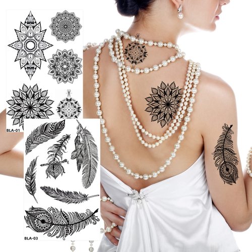 Kotbs 8 Sheets Black Henna Tattoos, Realistic Temporary Tattoos for Women Girls, Lace Mehndi Mandala Lotus Feather Dreamcatcher Pattern Fake Tattoo